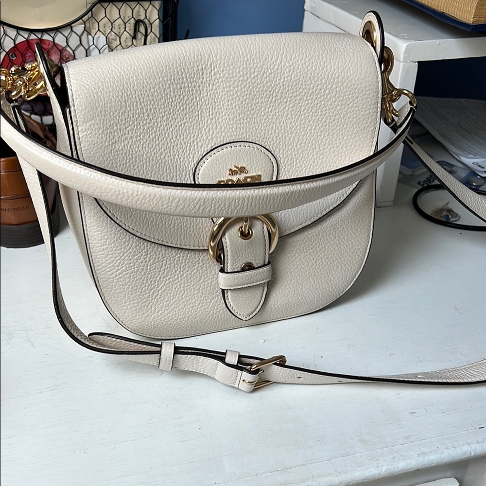 Coach White-Cream Crossbody Bag with Pebbled Leather